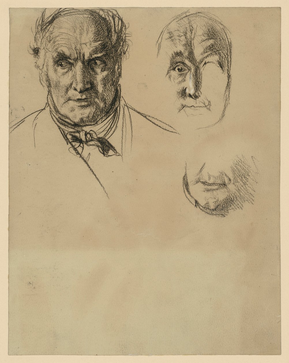 Cabeça de um homem idoso com lenço ao pescoço e dois estudos detalhados do rosto de Adolph Menzel