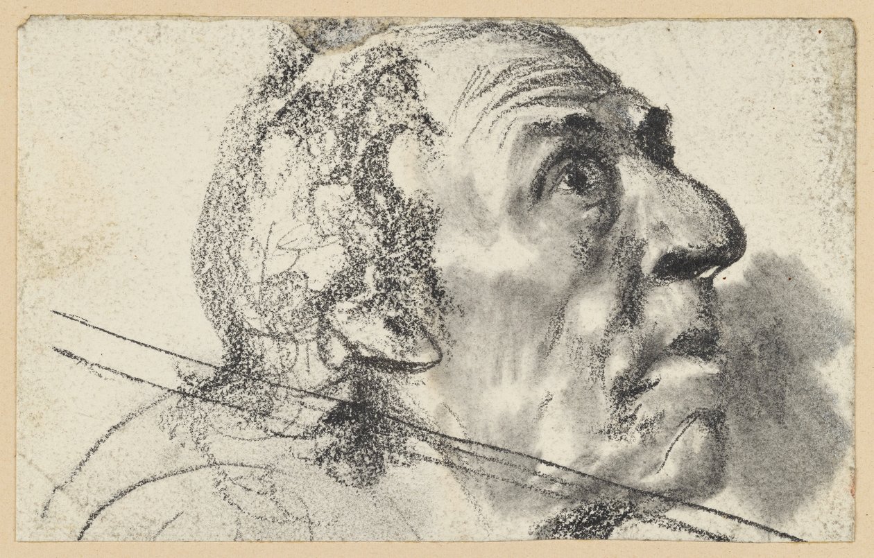Cabeça de um homem idoso, olhando para a direita com ar de espanto de Adolph Menzel