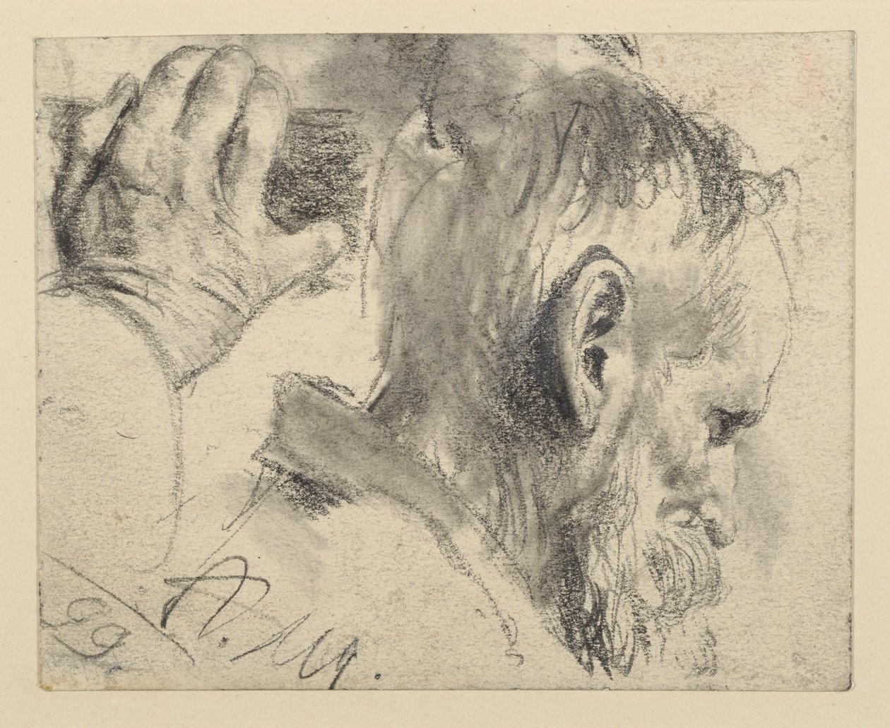 Cabeça de um homem barbudo, ligeiramente inclinada para a direita, e mão direita de Adolph Menzel
