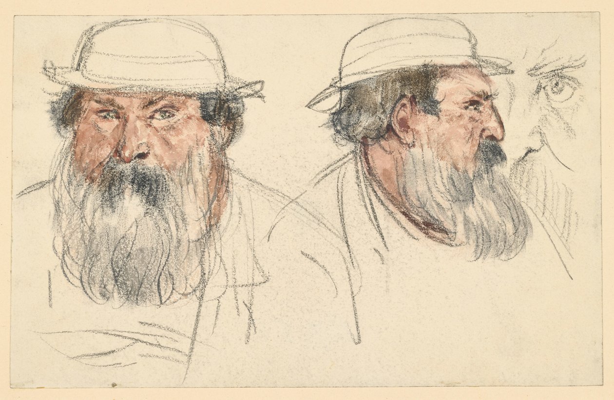 Cabeça de um homem barbudo em dois esboços de Adolph Menzel