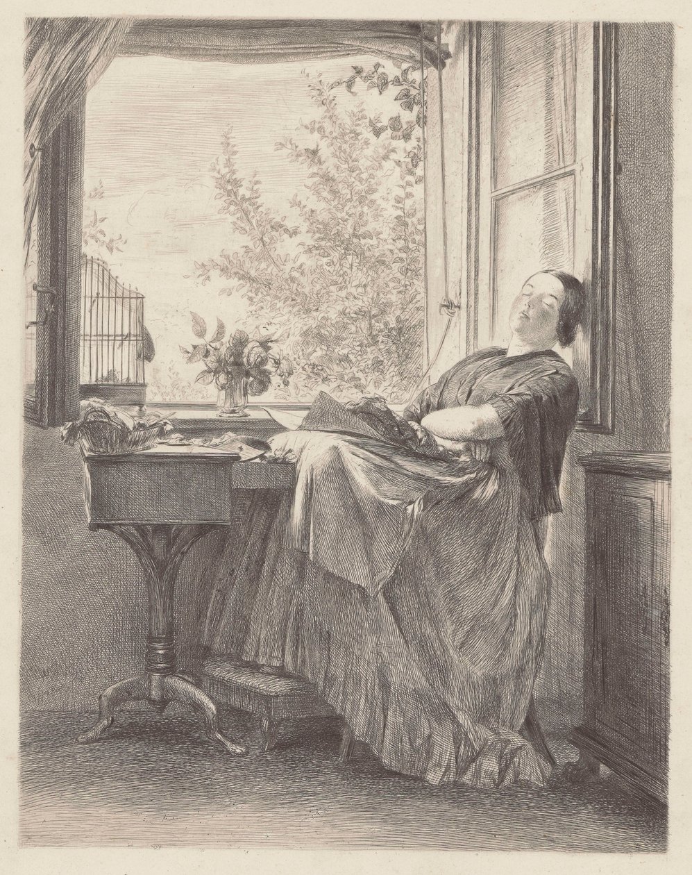 Costureira a dormir junto à janela (Emilia, irmã de Menzel, mais tarde senhora Krigar). de Adolph Menzel