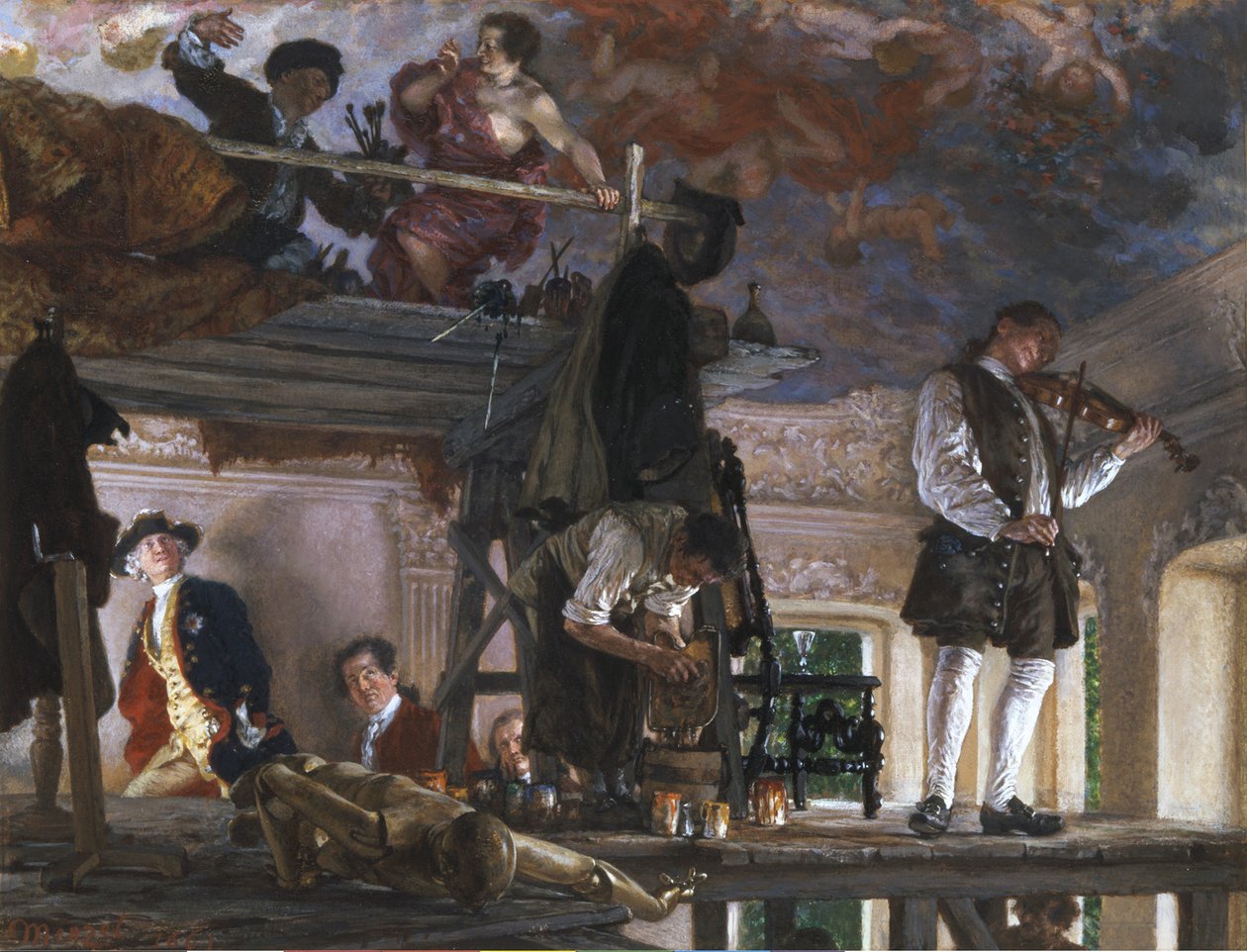O príncipe herdeiro Frederico visita o pintor Pesne no andaime em Rheinsberg de Adolph Menzel