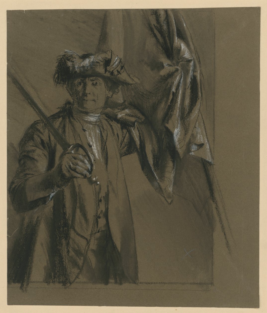 Kurt Christoph, conde von Schwerin, marechal de campo prussiano com bandeira e espada, estudo de modelo para «Dos tempos do rei Frederico. Heróis da guerra e da paz», 1856 (relacionado com Bock 1070) de Adolph Menzel