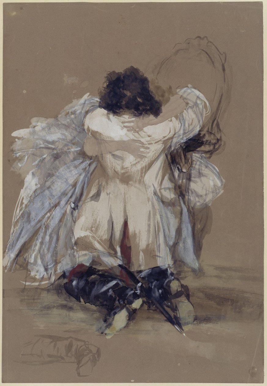 Casal de namorados: perante a senhora sentada na poltrona, o senhor, vestido com um uniforme de oficial prussiano, ajoelhou-se; ambos abraçam-se de Adolph Menzel