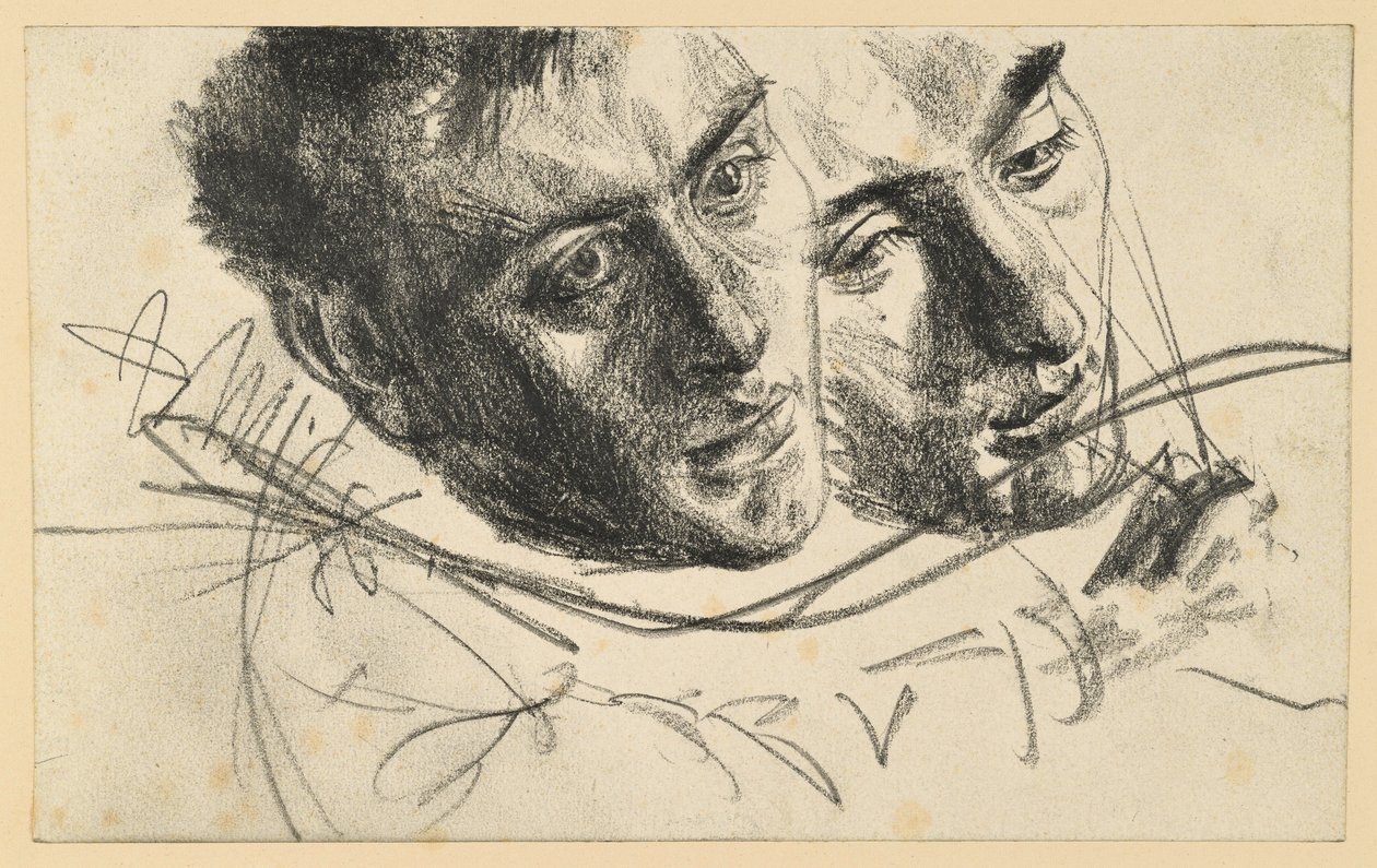 Cabeça masculina virada para a direita e inclinada para o lado, dois esboços de Adolph Menzel