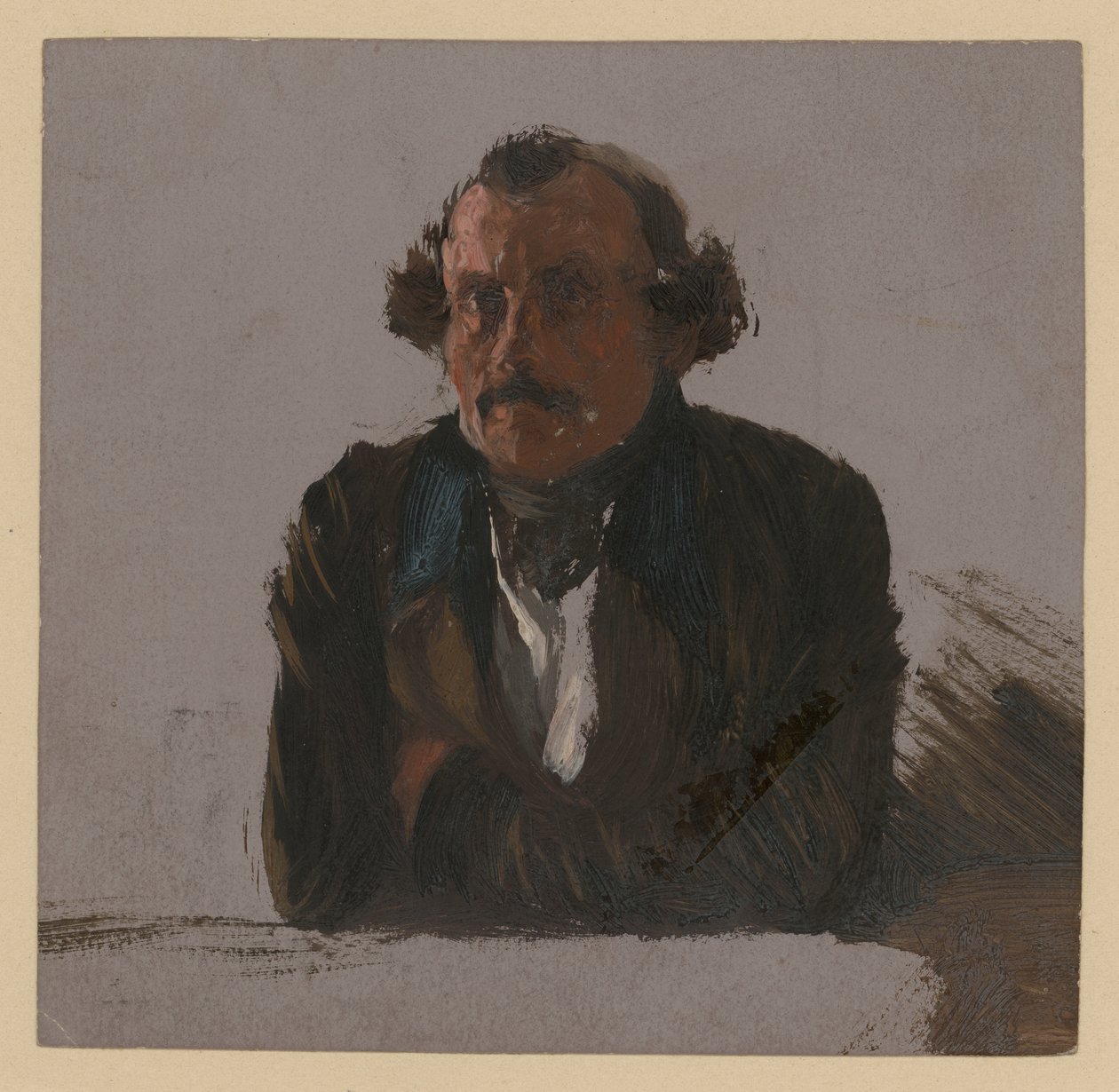 Retrato de busto masculino com os braços cruzados, apoiado, de frente de Adolph Menzel