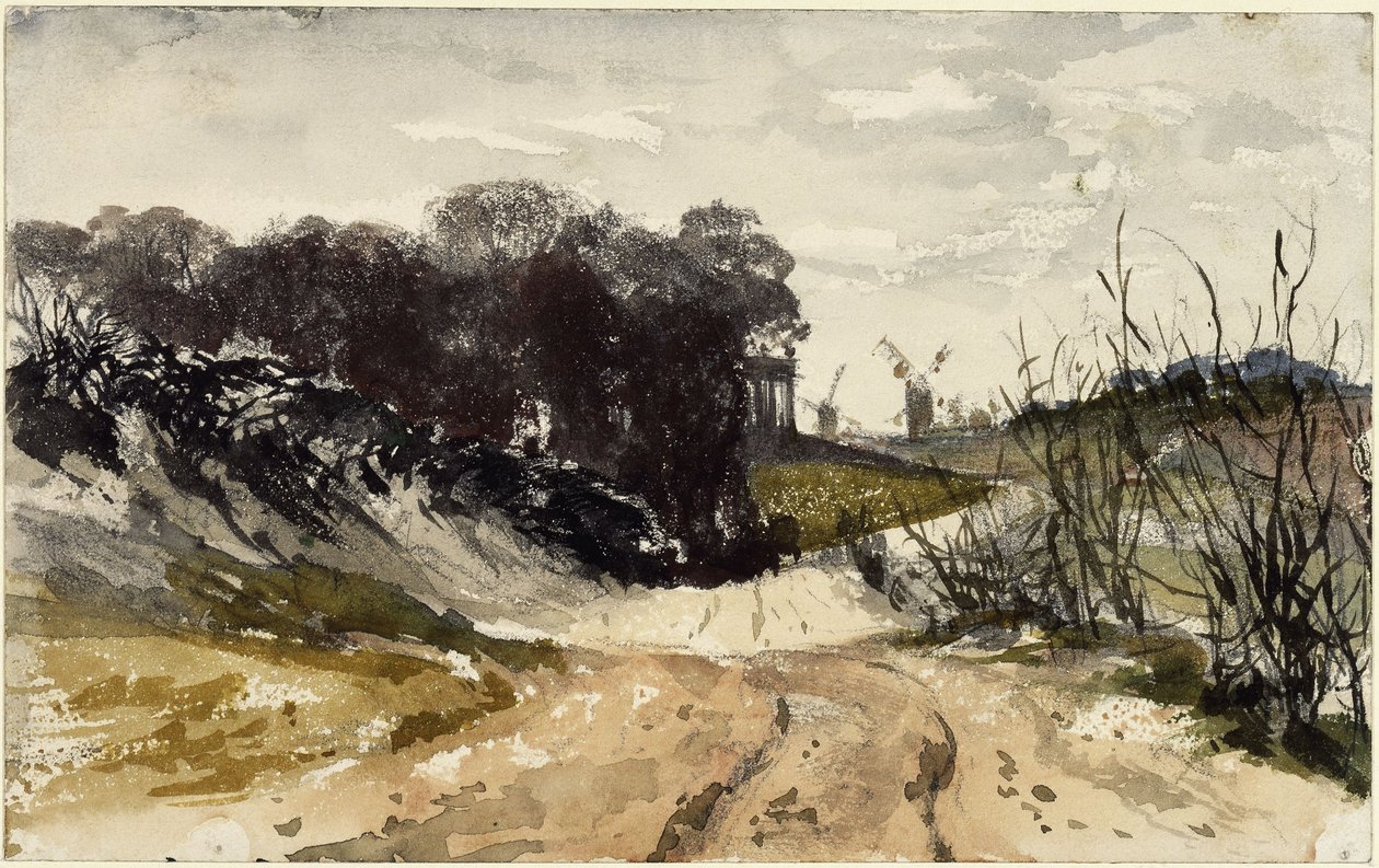 Paisagem da região de Märkische com moinhos de vento ao fundo de Adolph Menzel