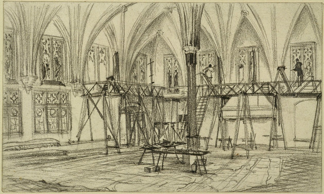 Pintores em andaimes no refeitório de verão do castelo de Marienburg de Adolph Menzel