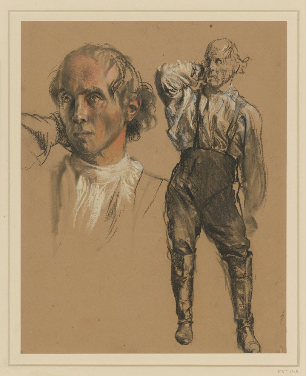 Homem de camisa, calças e botas altas, de pé de frente, com a mão direita na nuca, olhando para a esquerda, à esquerda: estudo de cabeça maior de Adolph Menzel