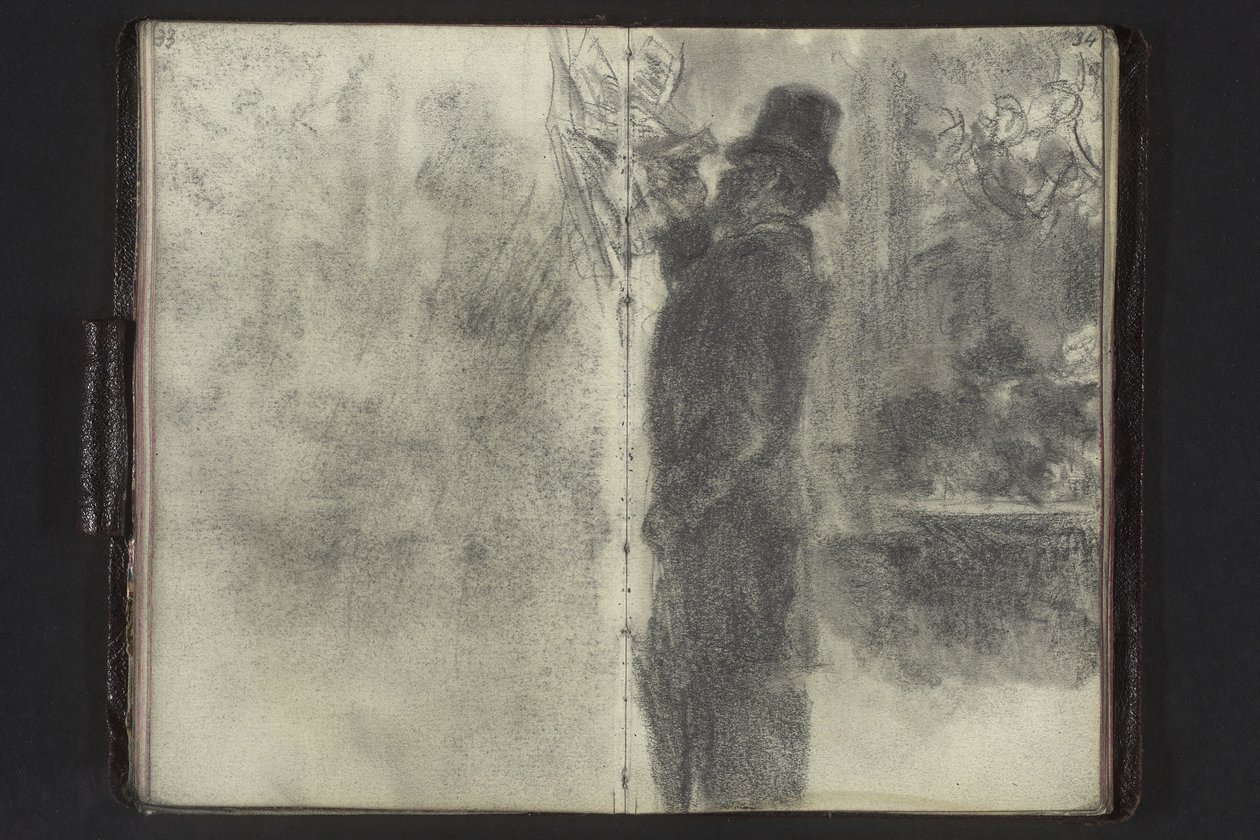 Homem com cartola e guarda-chuva a examinar os bilhetes pendurados na parede de Adolph Menzel