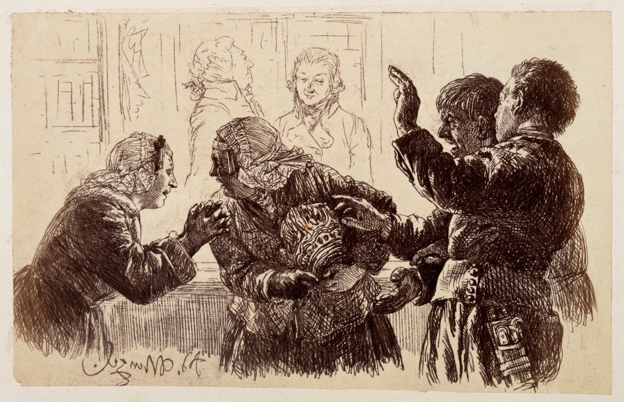 Marthe, com os cacos do jarro nos braços, está entre Veit e Ruprecht, e Eve implora à mãe que desista da queixa, de Heinrich von Kleist, «O Jarro Partido» de Adolph Menzel
