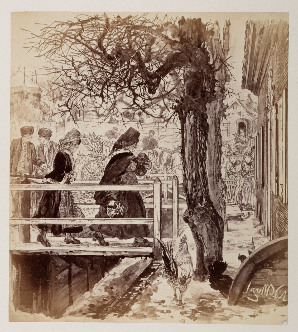 Marthe atravessa para a esquerda uma ponte com os cacos, seguida por Eve; à direita vêem-se também Veit e o seu filho Ruprecht a chegar, para «O cântaro quebrado» de Heinrich von Kleist de Adolph Menzel