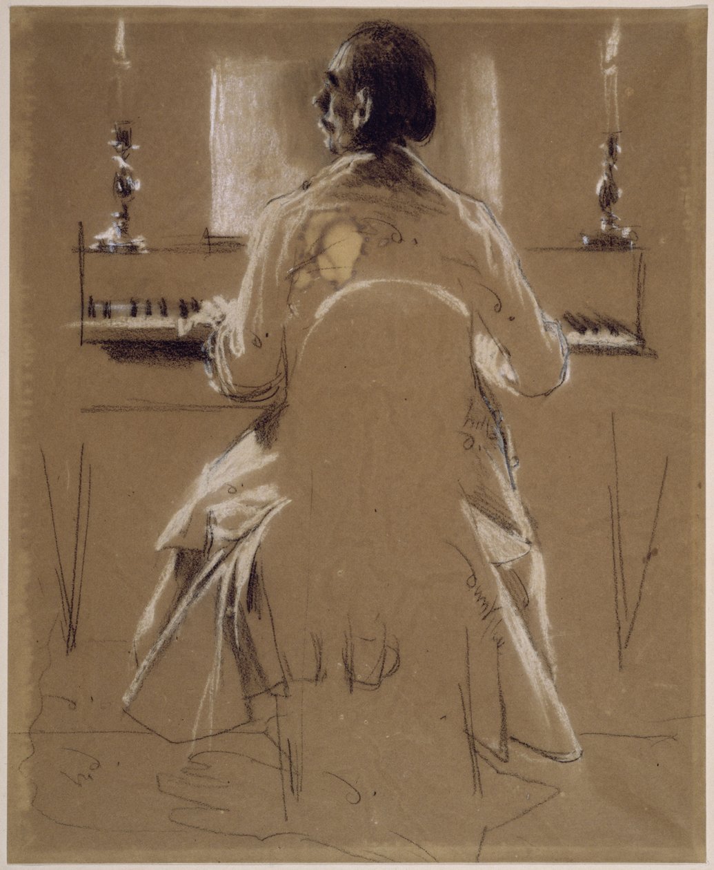 Estudo de modelo (Richard, irmão de Menzel) para Philipp Emanuel Bach ao piano ou ao pianoforte. Estudo preliminar para o quadro «Concerto de flauta de Frederico, o Grande, em Sanssouci» de Adolph Menzel