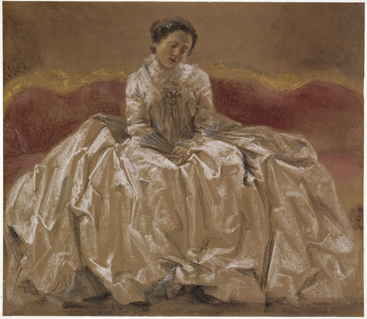 Estudo de modelo (Emilie, irmã de Menzel) representando a princesa Wilhelmine da Prússia (margrã-condessa Wilhelmine de Bayreuth) sentada no sofá. Estudo preliminar para o quadro «Concerto de flauta de Frederico, o Grande, em Sanssouci» de Adolph Menzel