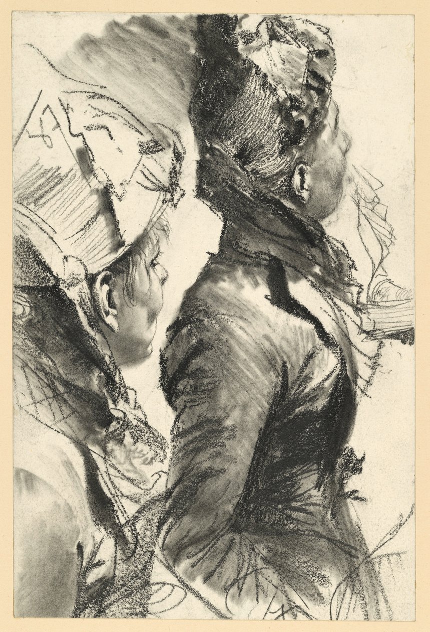 Mulher com chapéu a olhar para a direita, figura de meio corpo de perfil, dois esboços de Adolph Menzel