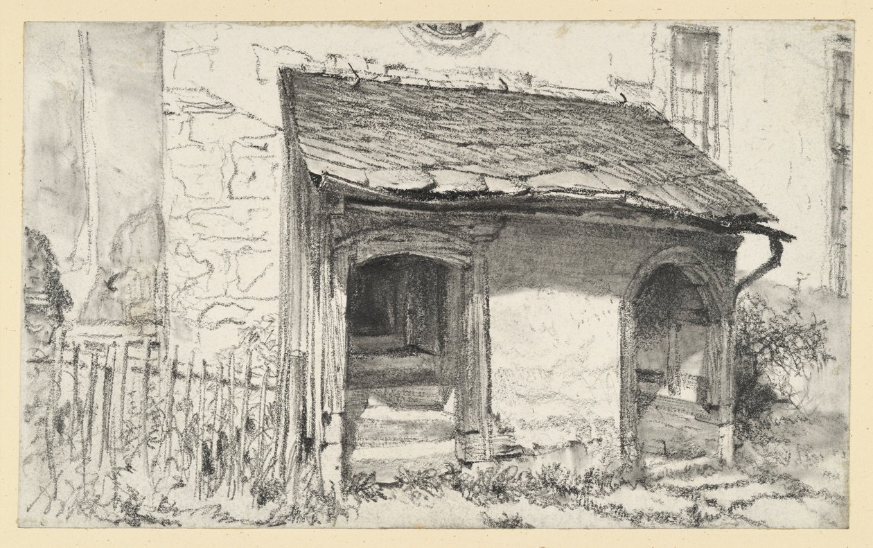 Alpendre baixo de uma igreja com duas entradas e vedação de Adolph Menzel