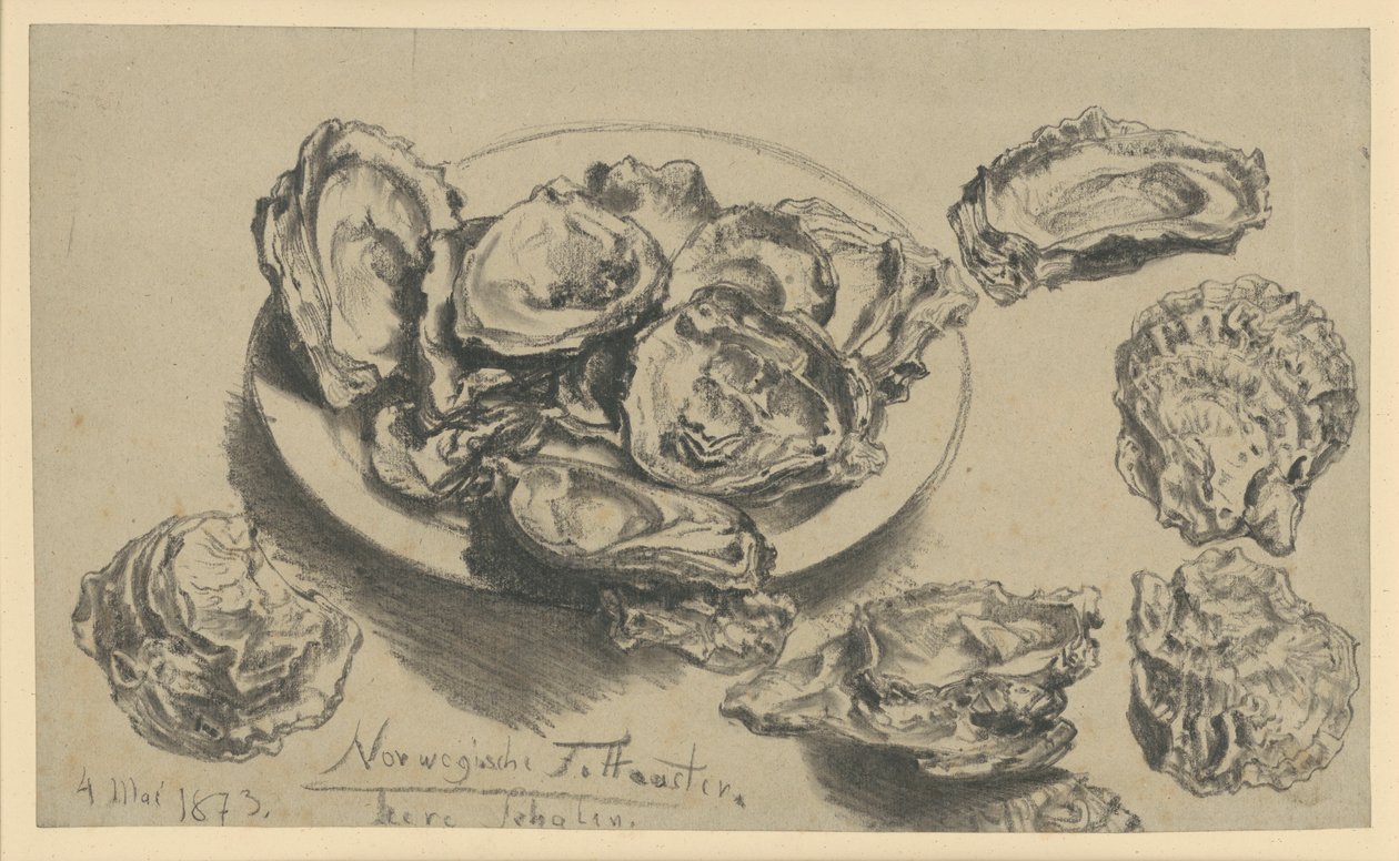 Ostras gordas norueguesas, conchas vazias de Adolph Menzel