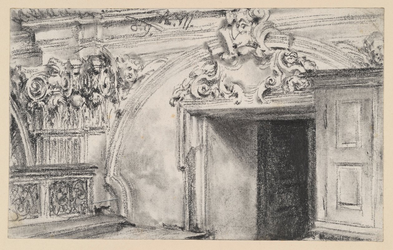 Parte superior da parede da porta de uma sacristia com um armário de madeira de Adolph Menzel
