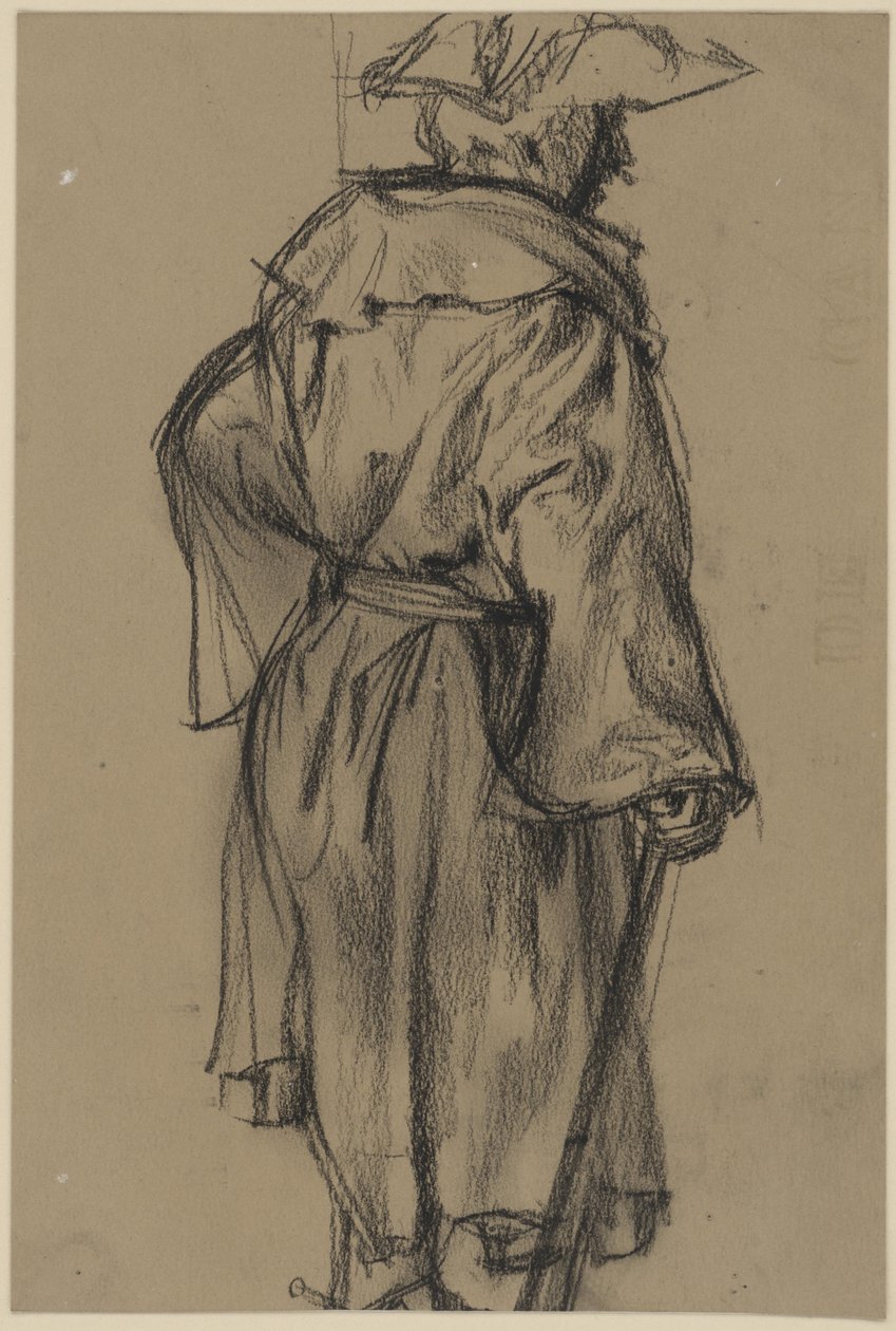 Oficial com casaco e chapéu, com uma bengala na mão direita, vista de meio-costas para a direita. (Estudo de postura de Moritz von Anhalt-Dessau) de Adolph Menzel