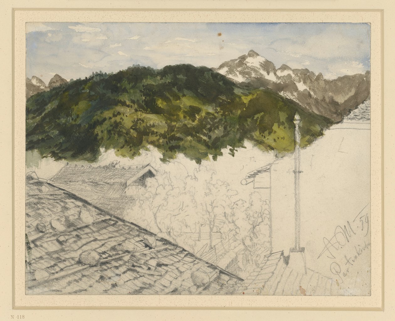 Partenkirchen, vista para as montanhas e as quintas de Adolph Menzel