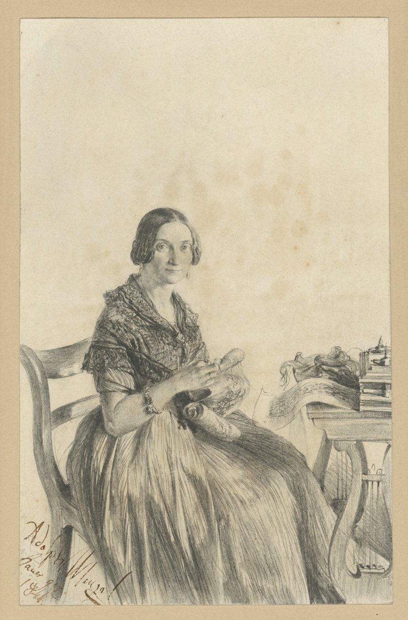Pauline Martini, nascida Dambke, sentada à mesa, com o olhar voltado para o observador de Adolph Menzel