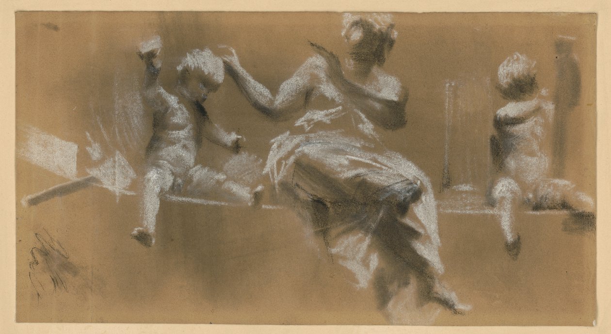 Obra plástica num cornija, figura feminina alegórica ladeada por putti que simbolizam a pintura (à direita) e a escultura (à esquerda), cf. Cat. 159 de Adolph Menzel