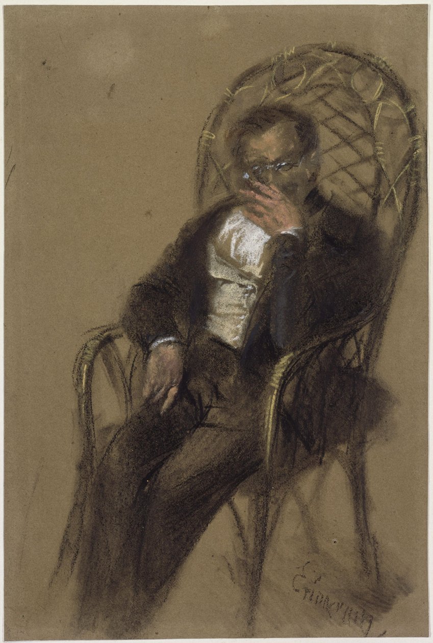 Homem fumador, de óculos, sentado numa cadeira de vime de Adolph Menzel