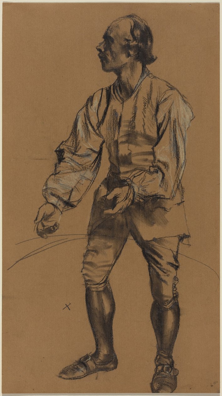 Richard Menzel a posar com um traje do século XVIII de Adolph Menzel