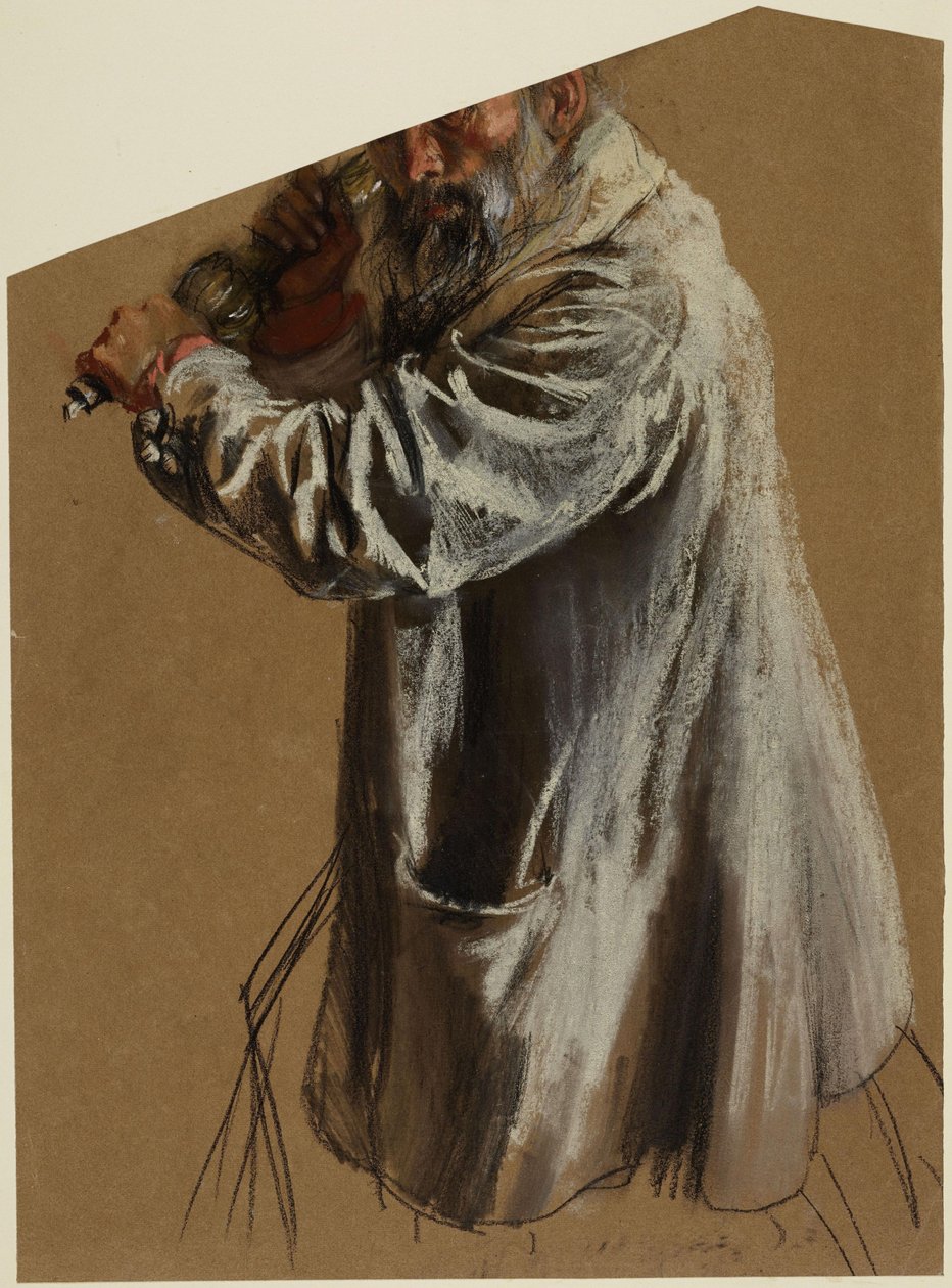 Saia de um homem mais velho, barbudo, com um punho em forma de lanterna, joelho virado para a esquerda, recortada acima dos olhos de Adolph Menzel