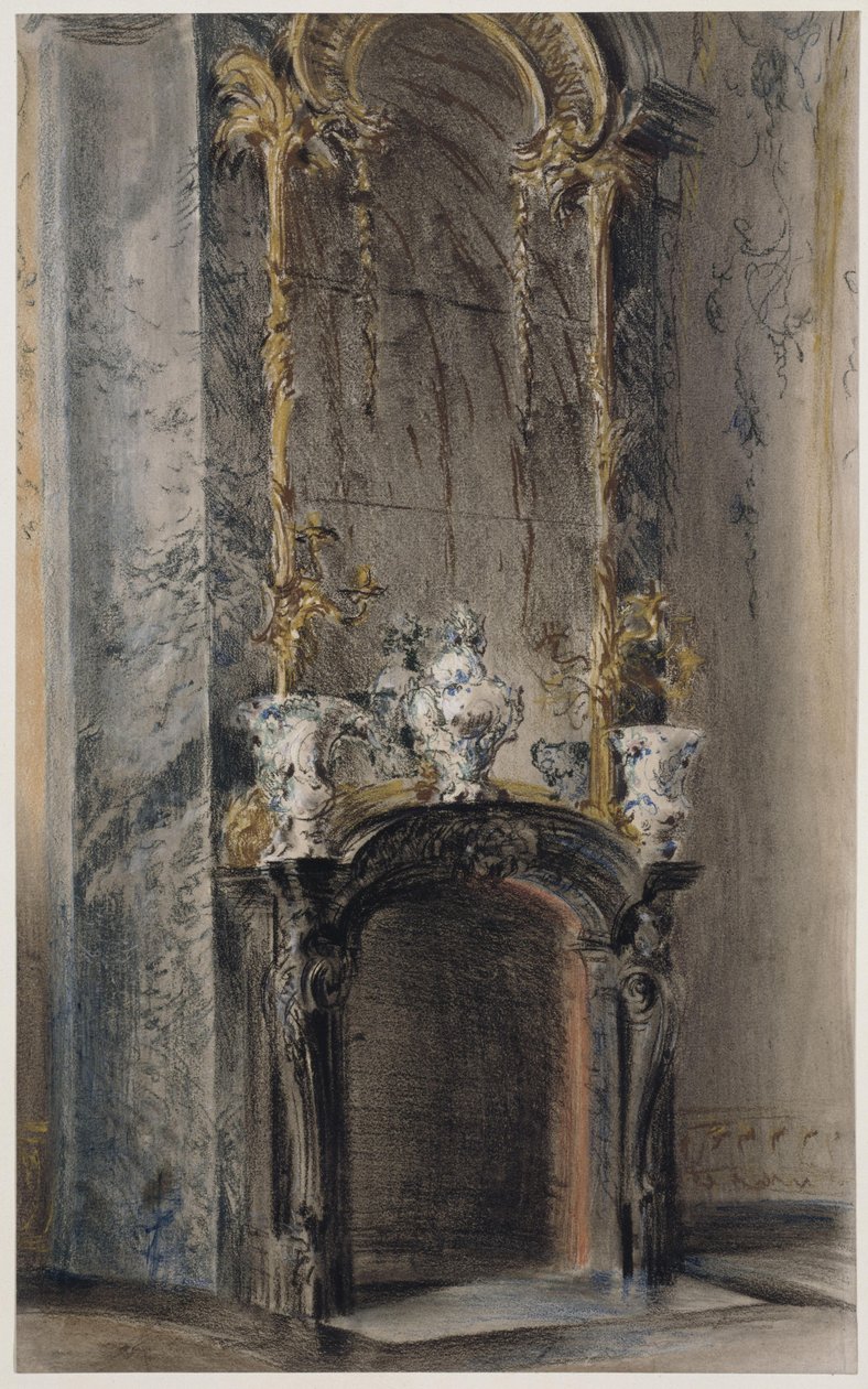 Lareira rococó no Gabinete Oval do Novo Palácio em Potsdam de Adolph Menzel