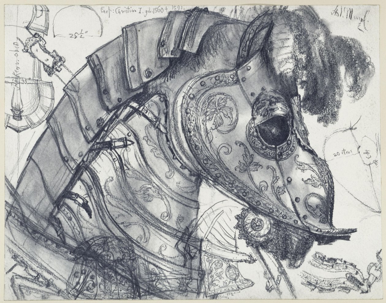 Armadura de cavalo e armadura de gala para o homem e o cavalo do Eleitor Christian I da Saxónia, em várias perspetivas e esboços com dimensões, Museu Histórico, Dresden de Adolph Menzel