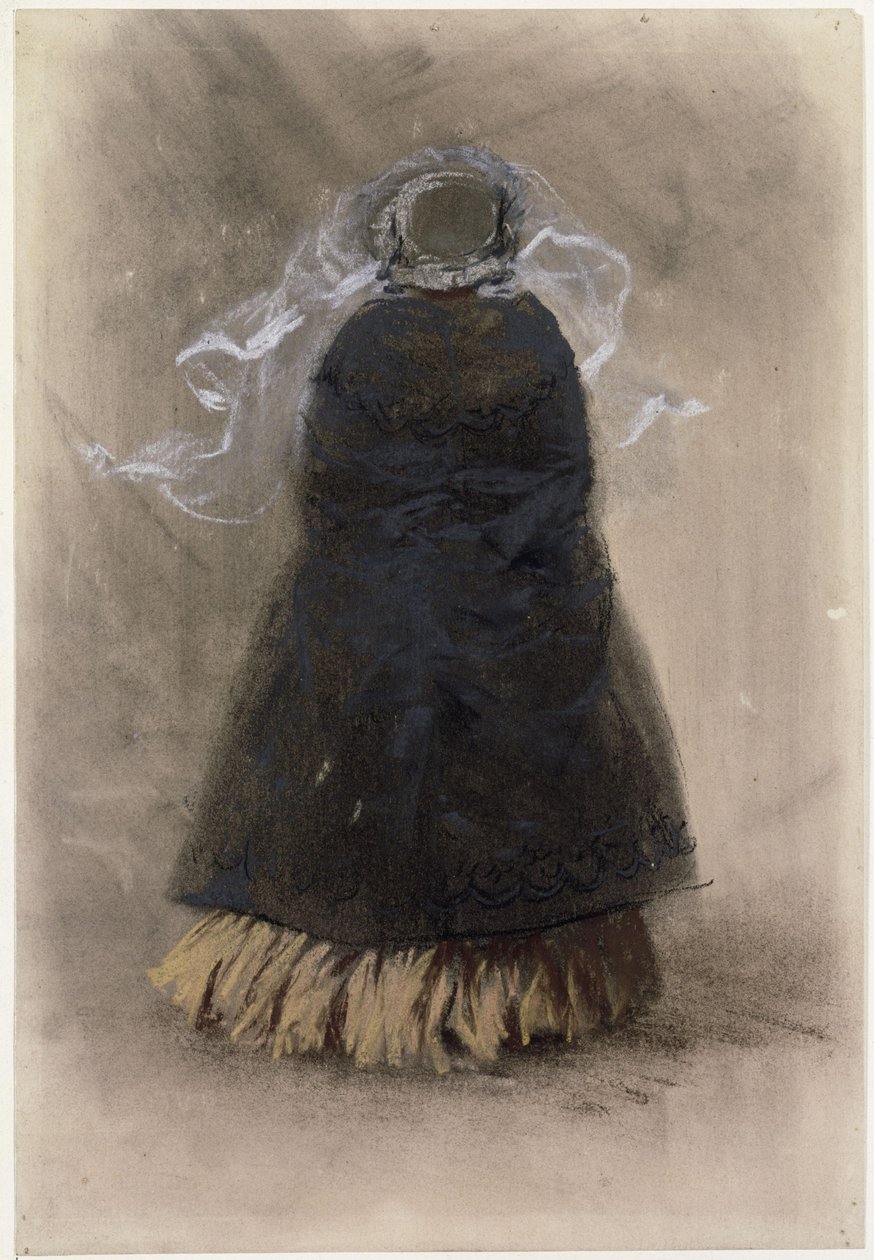 Figura de costas de uma senhora com chapéu e véu esvoaçante de Adolph Menzel
