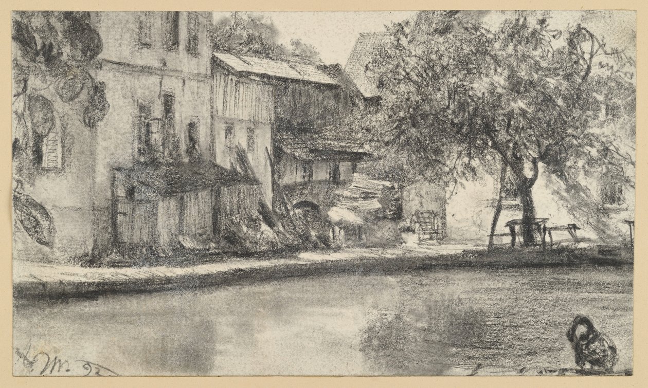 Parte traseira de uma fila de casas e árvore junto à água de Adolph Menzel