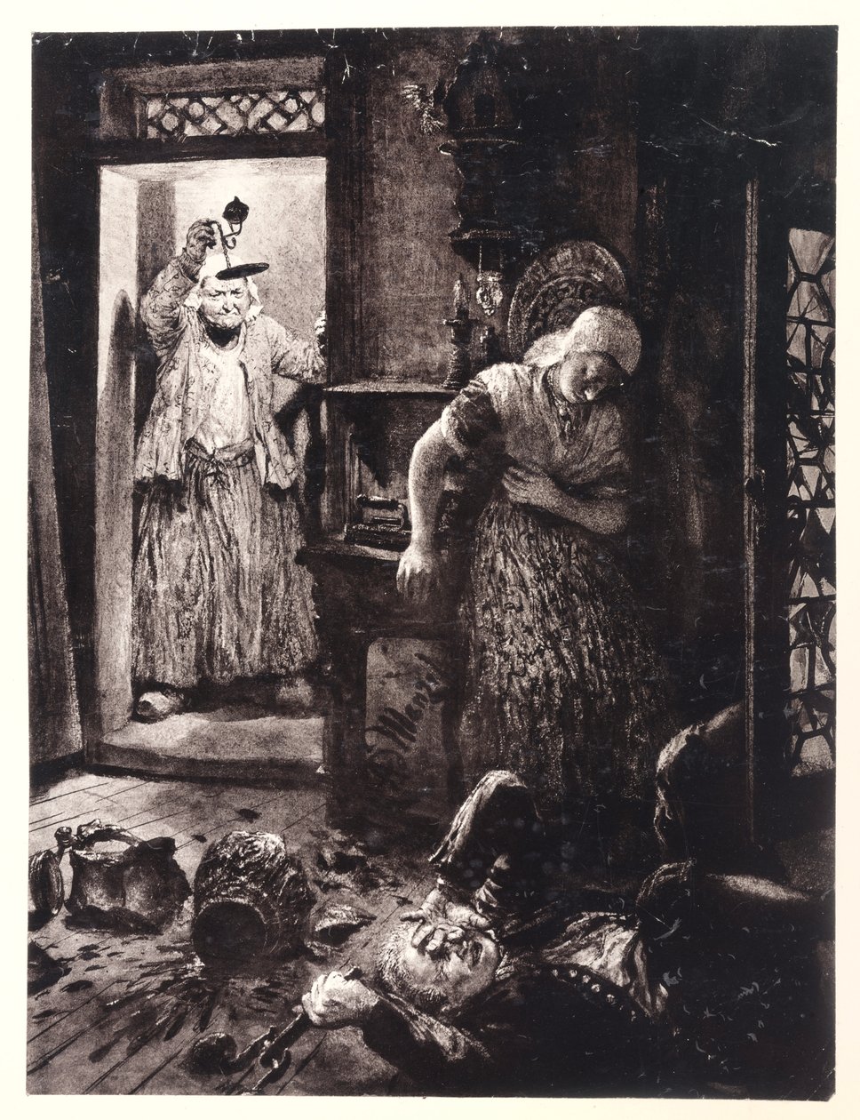 Ruprecht, com a maçaneta na mão, está deitado no chão do quarto da Eva. Marthe entra com a lâmpada, de Heinrich von Kleist, «O jarro partido» de Adolph Menzel