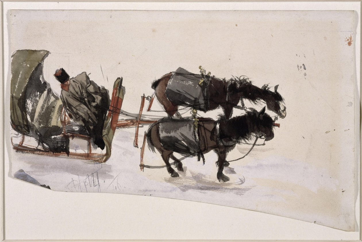 Atrelagem de trenó com dois cavalos e cocheiro, vista de cima de Adolph Menzel