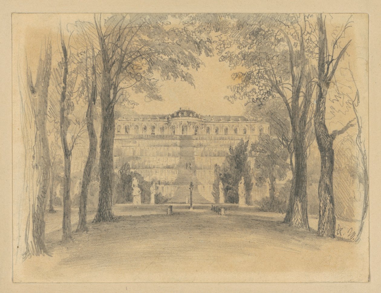 Palácio de Sanssouci, com os terraços e a fonte de Adolph Menzel