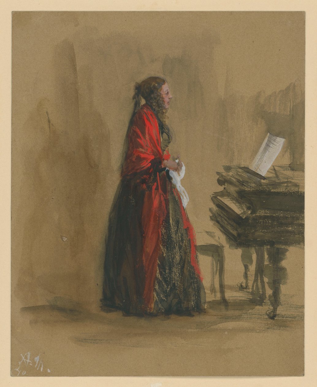 Mulher a cantar, de pé junto a um piano de cauda, de perfil para a direita de Adolph Menzel
