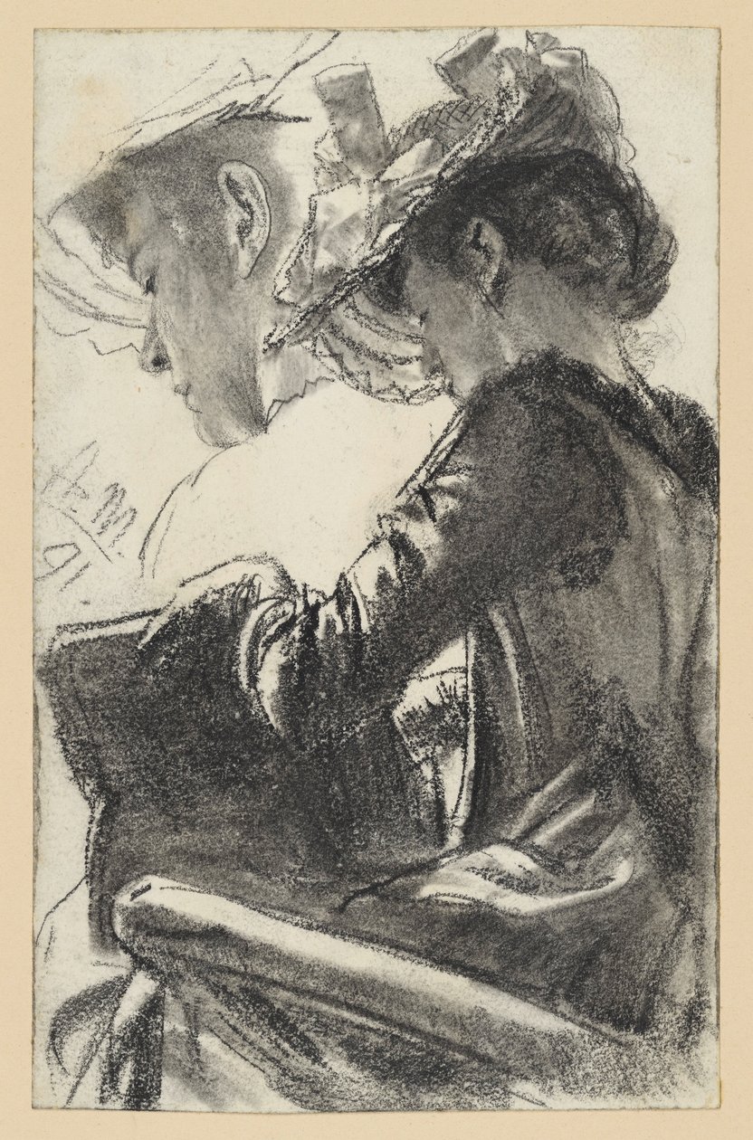 Mulher sentada com chapéu, um livro nas mãos, cabeça repetida de Adolph Menzel