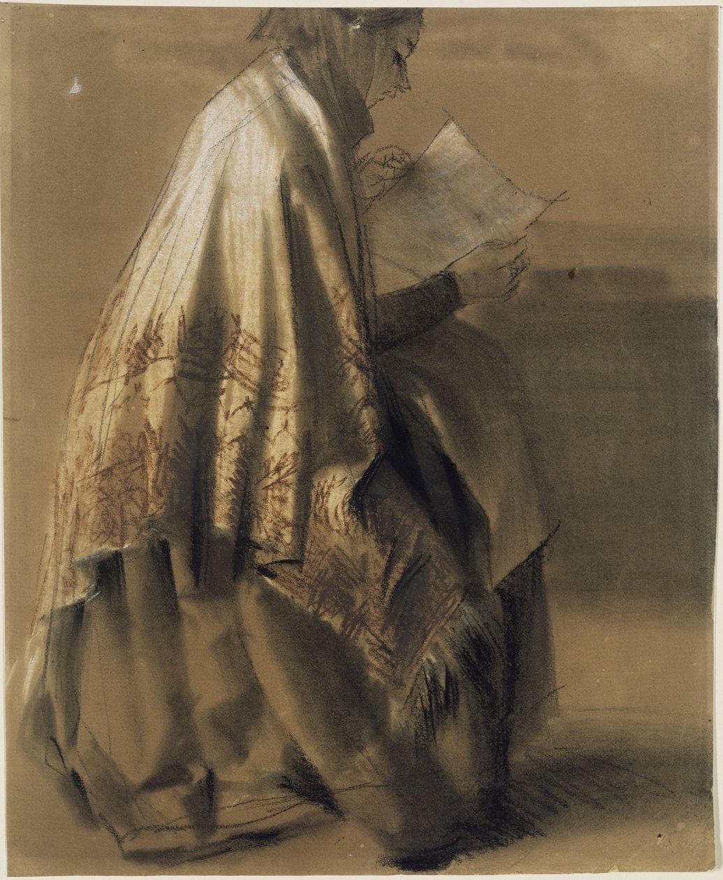 Mulher sentada, a ler, com um lenço largo enrolado à volta do pescoço de Adolph Menzel