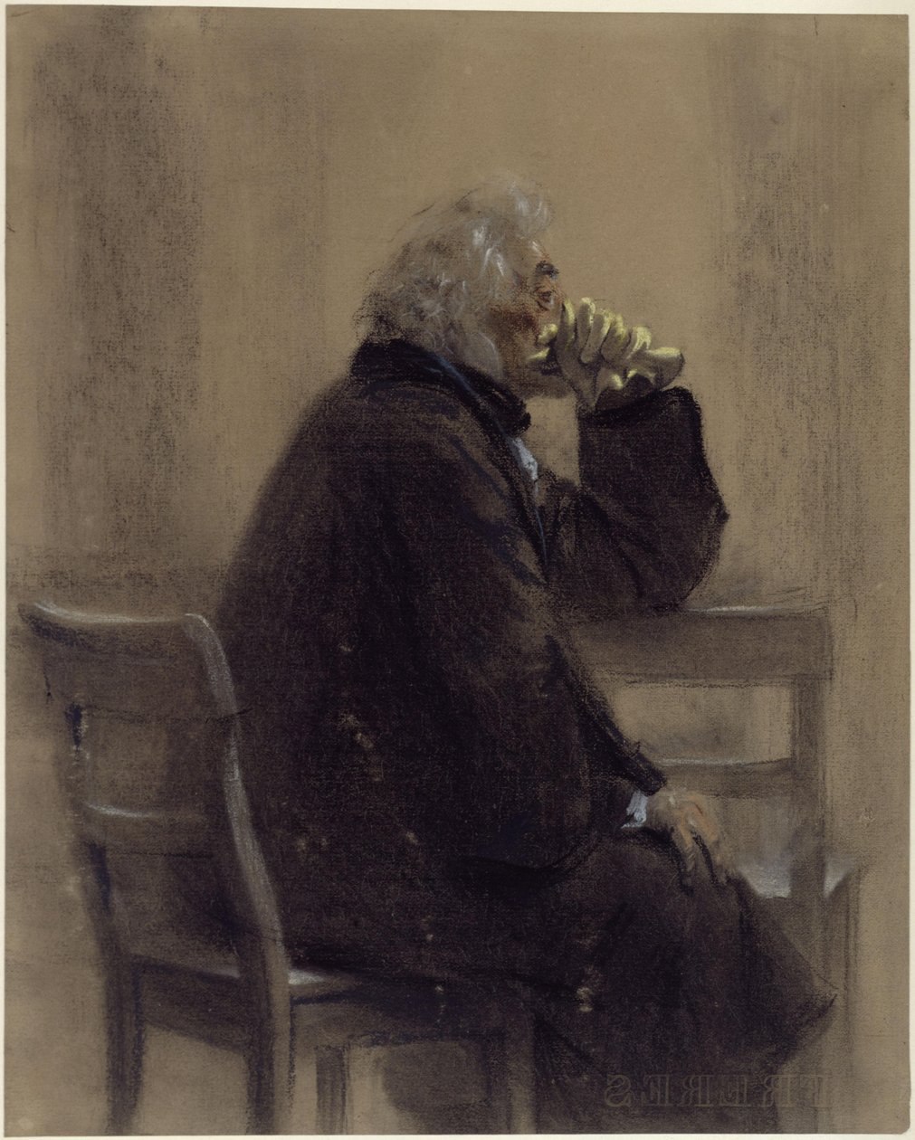 Senhor idoso sentado, com um sobretudo e luvas, joelheira; perfil para a direita de Adolph Menzel