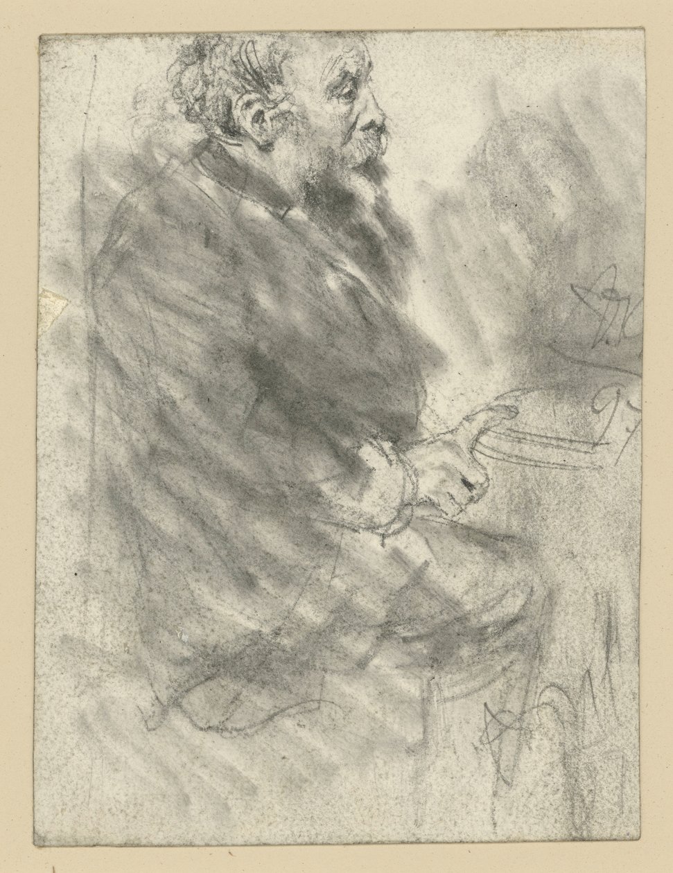 Homem barbudo sentado, virado para a direita, com o dedo indicador da mão direita estendido apoiado no tampo da mesa de Adolph Menzel