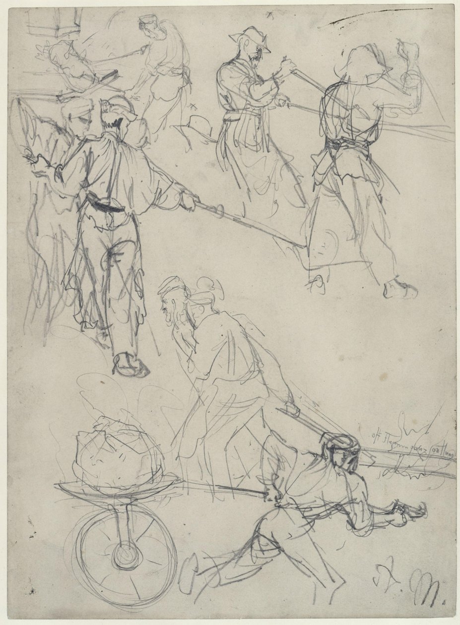 Esboços de trabalhadores a realizar diversas tarefas na laminadora. Estudo sobre «A laminadora de ferro. Ciclopes modernos» de Adolph Menzel