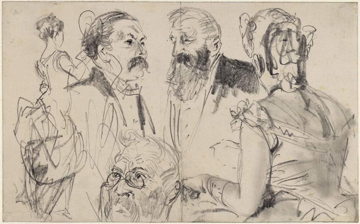 Folha de esboços com três cabeças masculinas e duas figuras femininas de costas de uma sociedade elegante de Adolph Menzel
