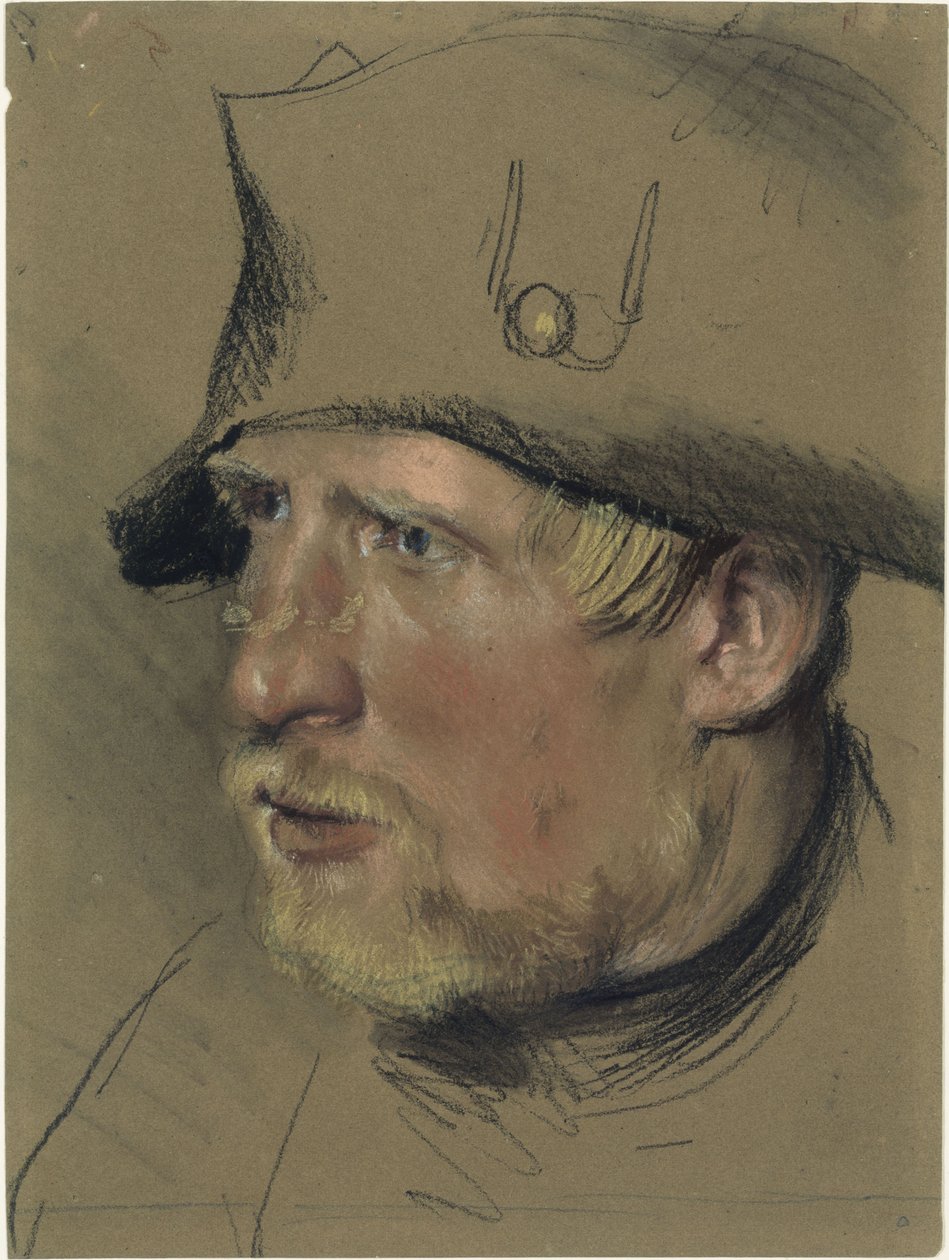 Soldado com bigode e barba no queixo louros, com chapéu de três bicos, estudo de cabeça de Adolph Menzel
