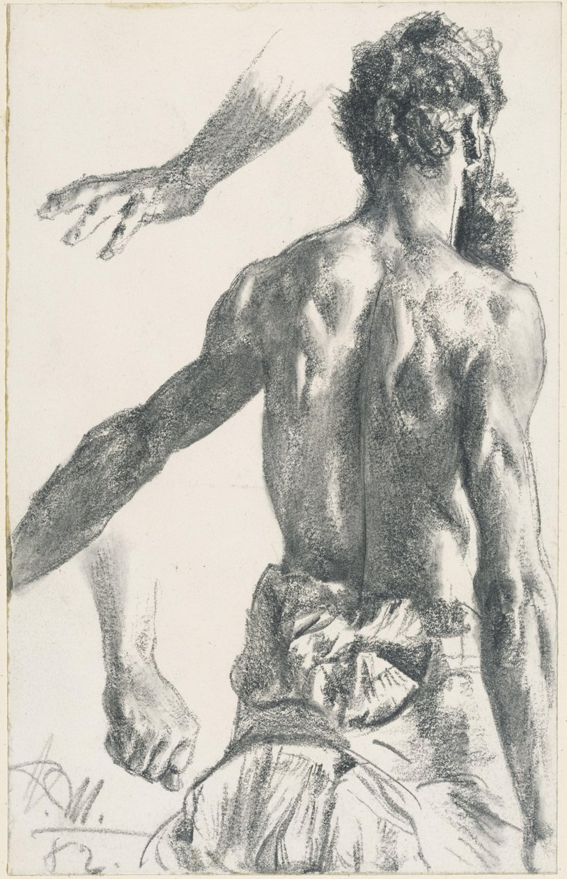 Homem barbudo em pé, seminu, visto de costas de Adolph Menzel