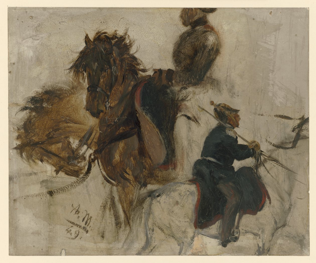 Estudo com soldado a cavalo e cabeças de cavalo de Adolph Menzel