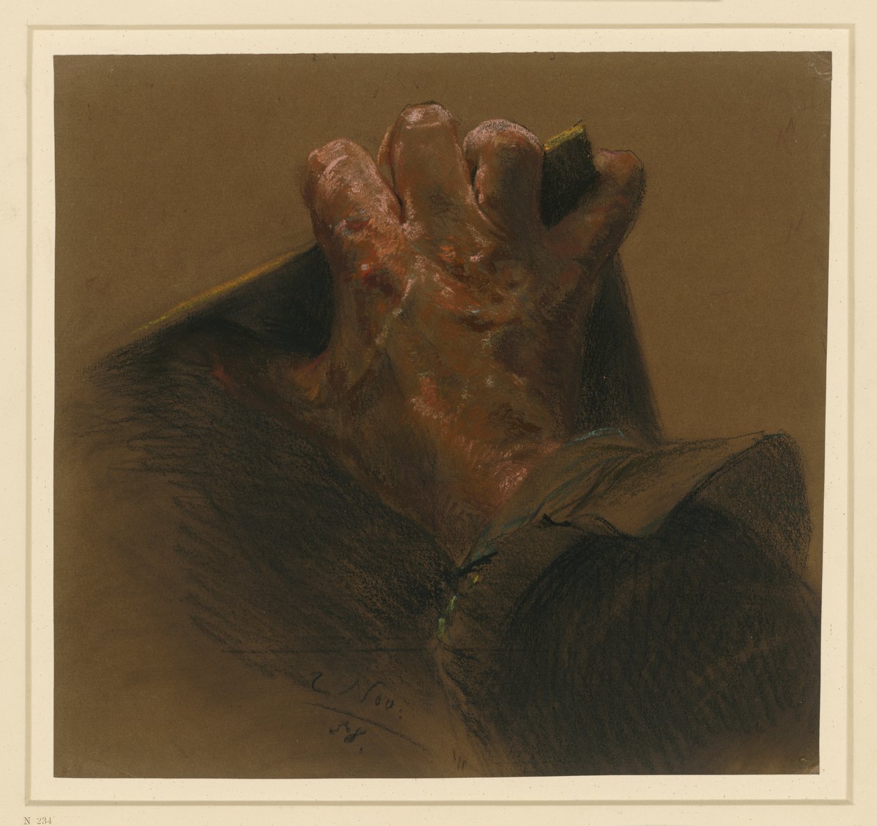 Estudo de uma mão direita masculina que agarra as bordas de uma placa de Adolph Menzel
