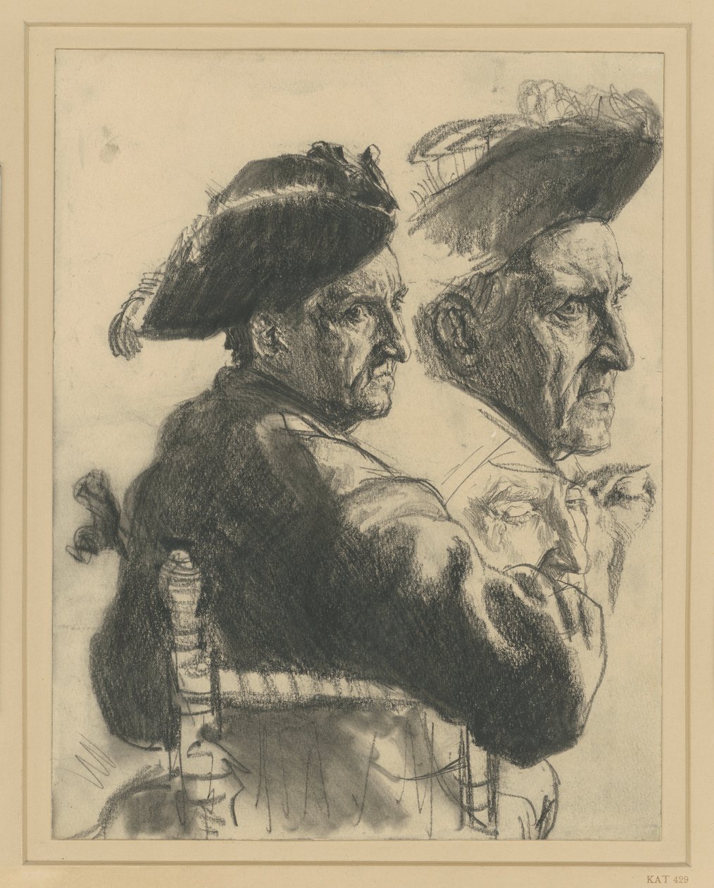 Folha de estudos: oficial sentado visto de costas, estudo de cabeça, detalhes do rosto de Adolph Menzel