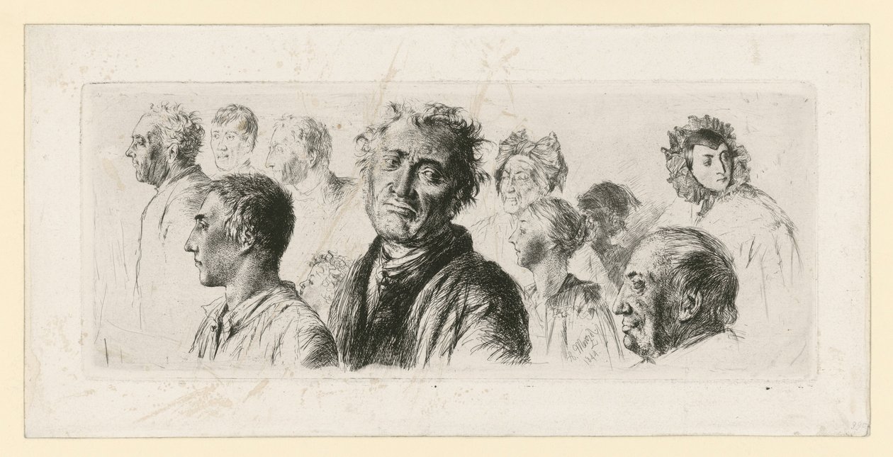Ficha de estudo do manicómio. Dez cabeças, na sua maioria viradas para a esquerda de Adolph Menzel