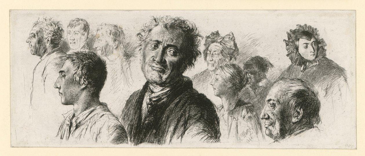 Ficha de estudo do manicómio. Dez cabeças, na sua maioria viradas para a esquerda de Adolph Menzel